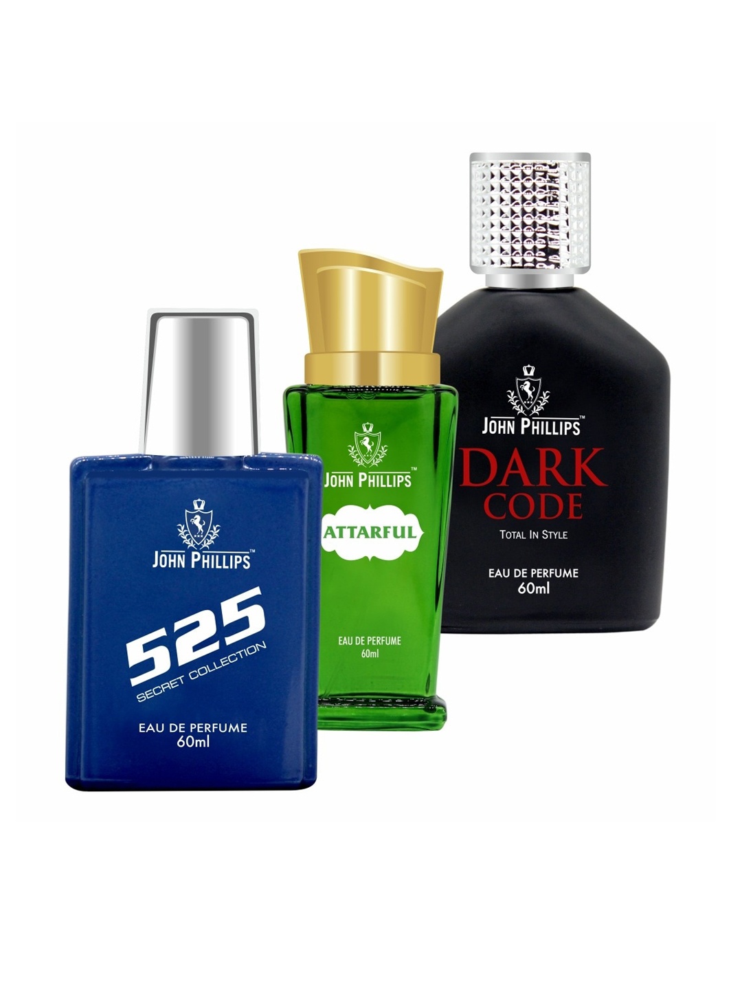 JOHN PHILLIPS Set of 3 Long Lasting Eau De Parfum 60 ml each - 525 + Attarful + Dark Code, Blue
JOHN PHILLIPS Set of 3 Long Lasting Eau De Parfum 60 ml each - 525 + Attarful + Dark Code, Blue