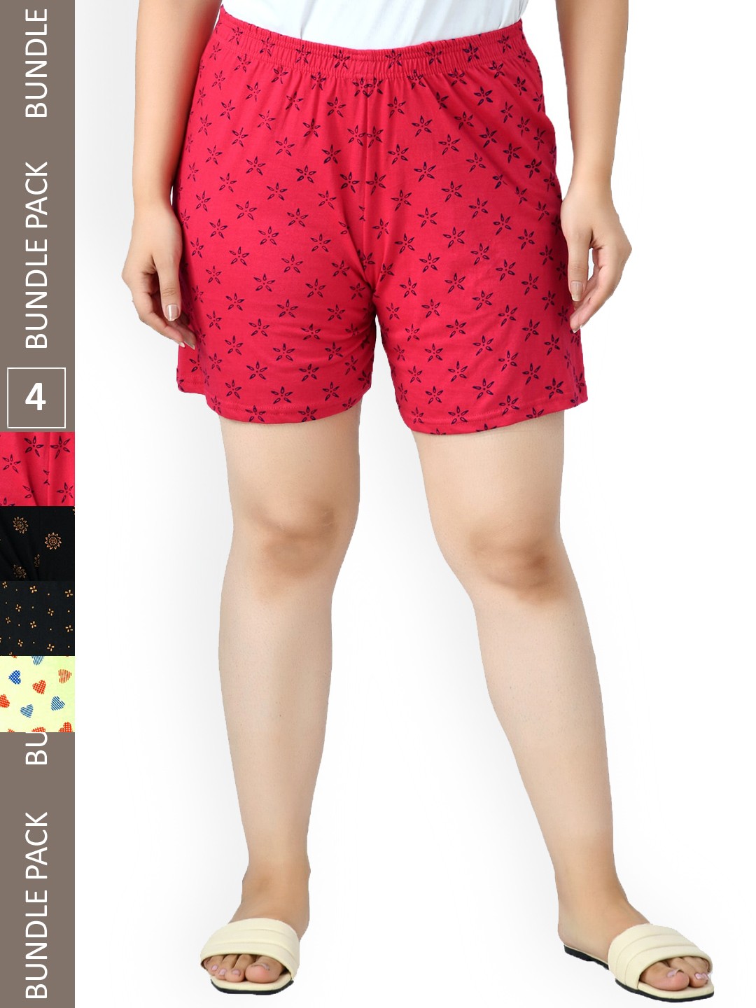 IndiWeaves Women Pack Of 4 Printed High-Rise Pure Cotton Lounge Shorts, Red