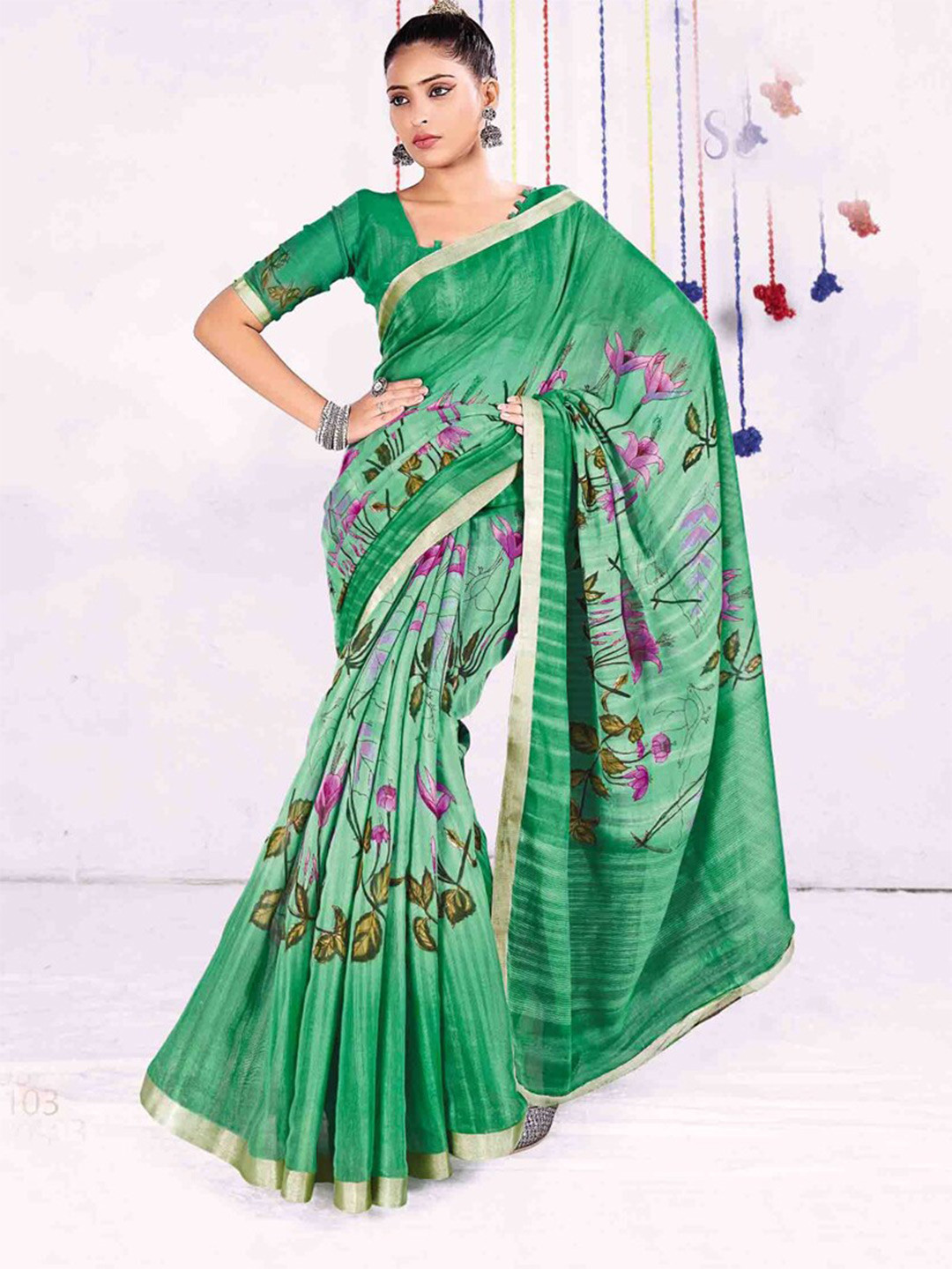 all about you Green & Pink Floral Printed Zari Saree 
all about you Green & Pink Floral Printed Zari Saree