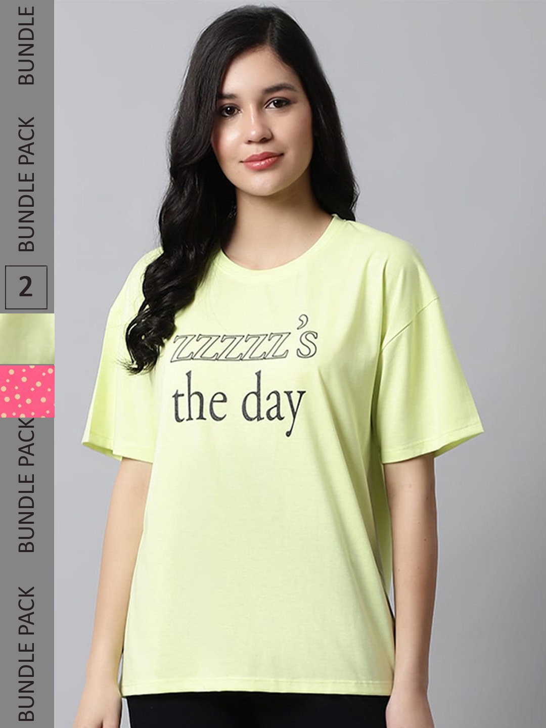 Kanvin Lime Green & Red Pack of 2 Typography Oversized Model T-shirt