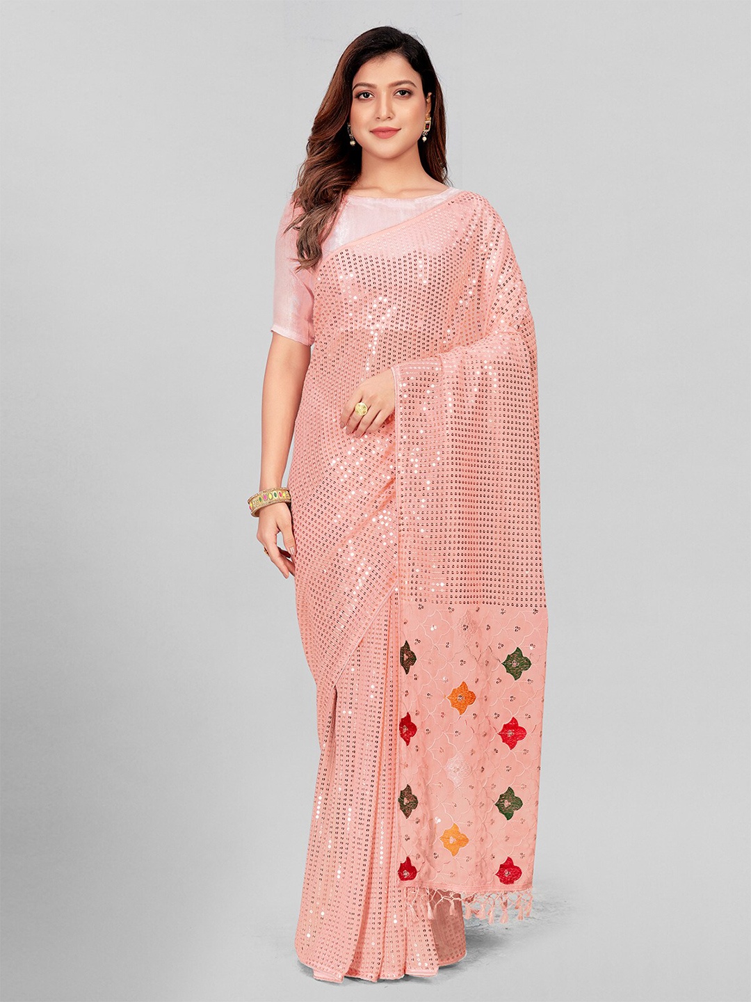 KALINI Embellished Sequinned Pure Georgette Saree, Rose