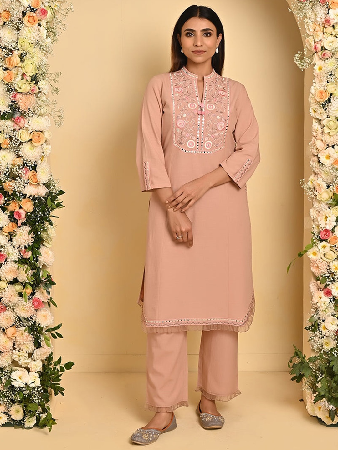Lakshita Ethnic Motifs Embroidered Mirror Work Pure Cotton Kurta with Trousers, Peach
Lakshita Ethnic Motifs Embroidered Mirror Work Pure Cotton Kurta with Trousers, Peach