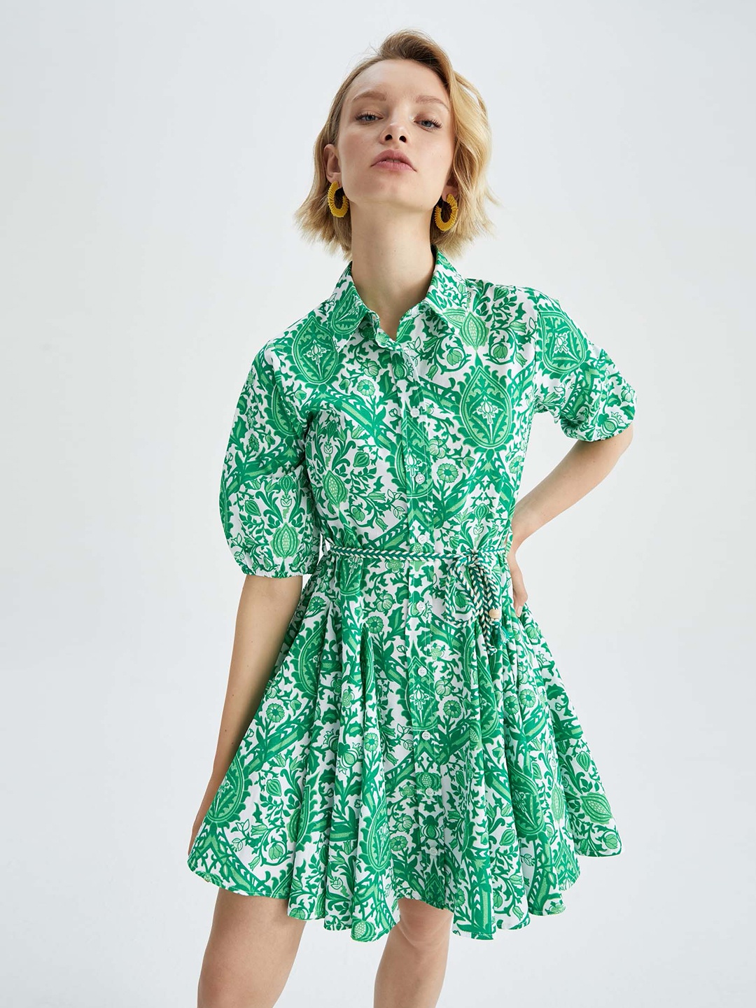 DeFacto Floral Print Shirt Dress, Green