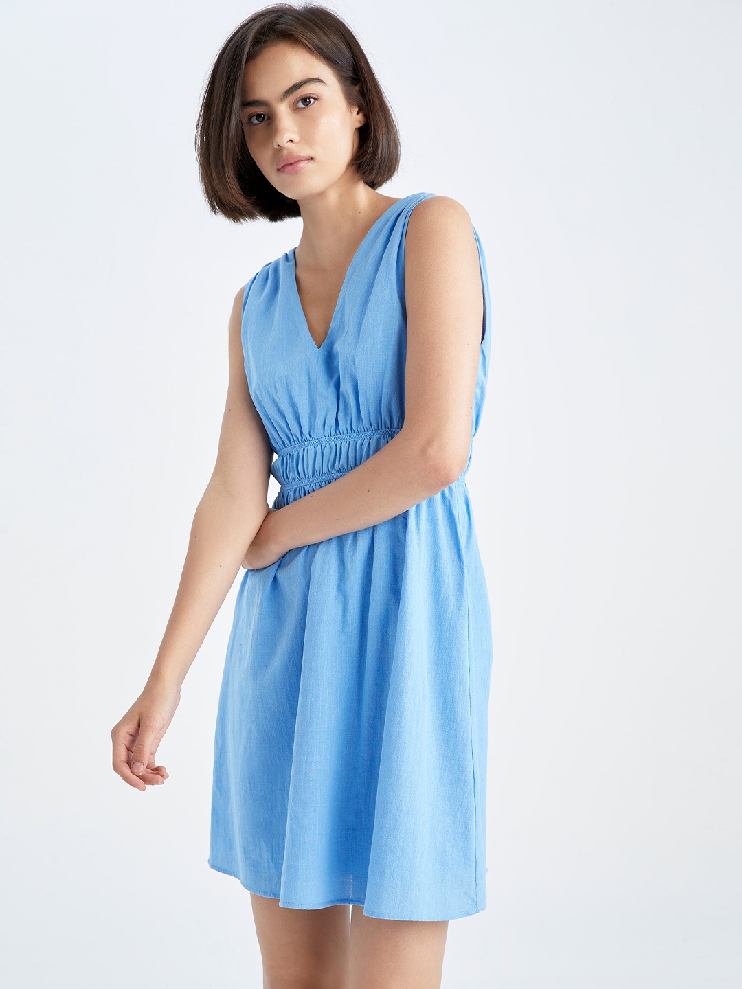 DeFacto V-Neck Fit & Flare Dress, Blue