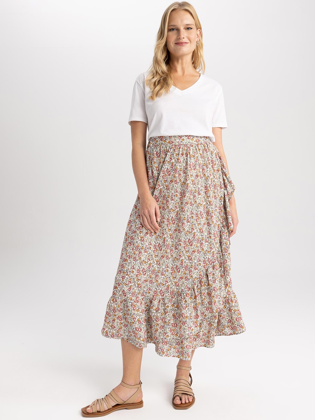 DeFacto Floral Printed A Line Midi Skirt, Beige