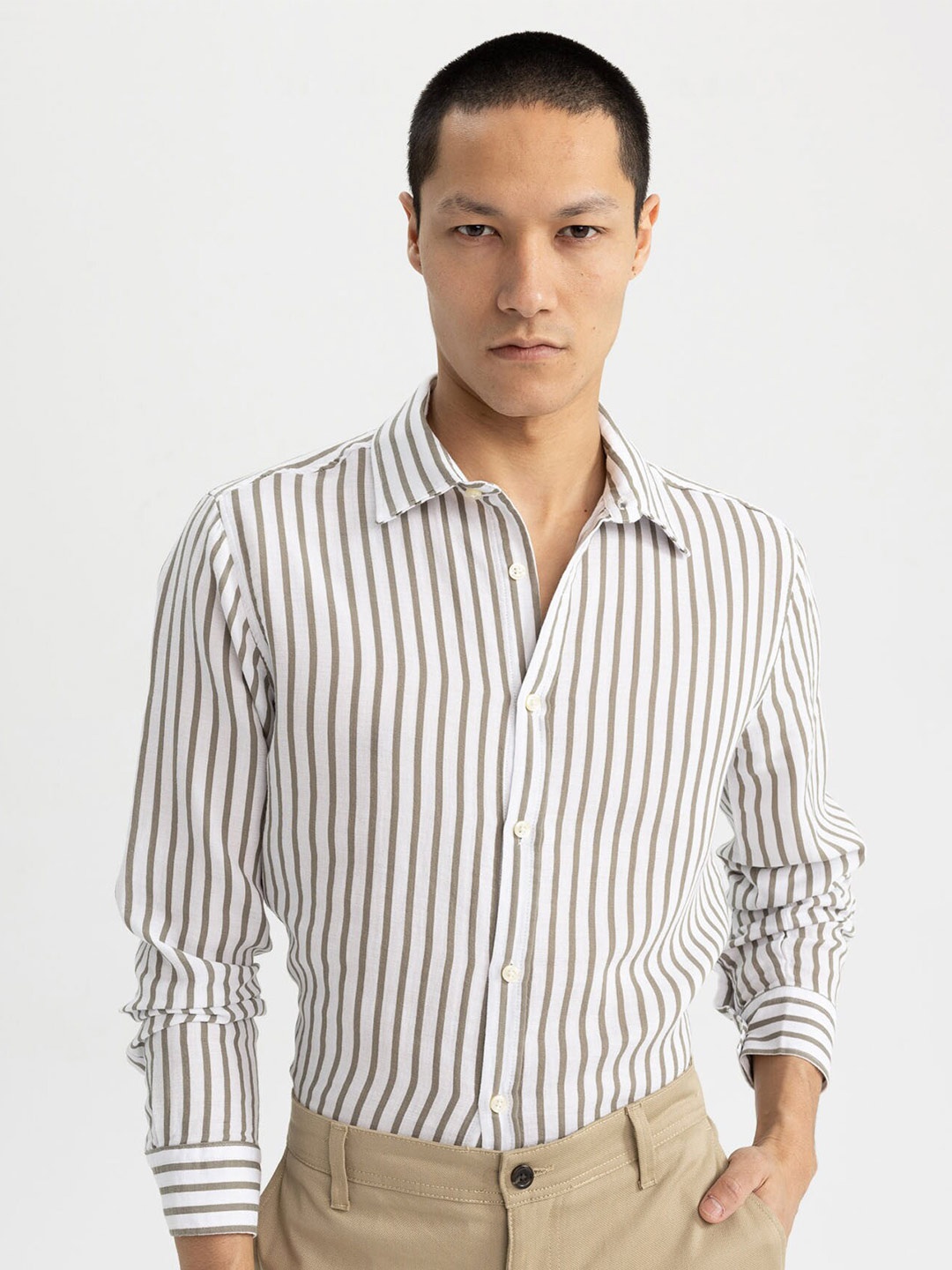 DeFacto Striped Cotton Casual Shirt, White