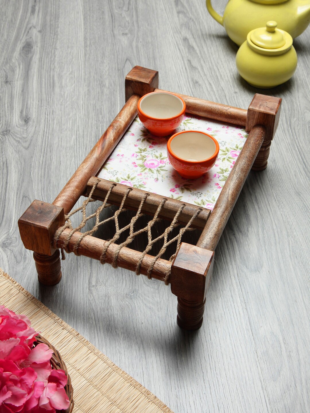 FABINALIV Brown & White Floral Wooden Cot Serving Tray
