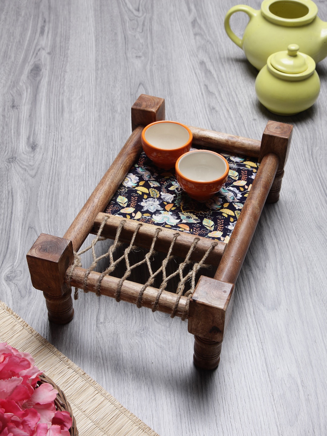 FABINALIV Brown & Black Floral Printed Wooden Serving Tray
