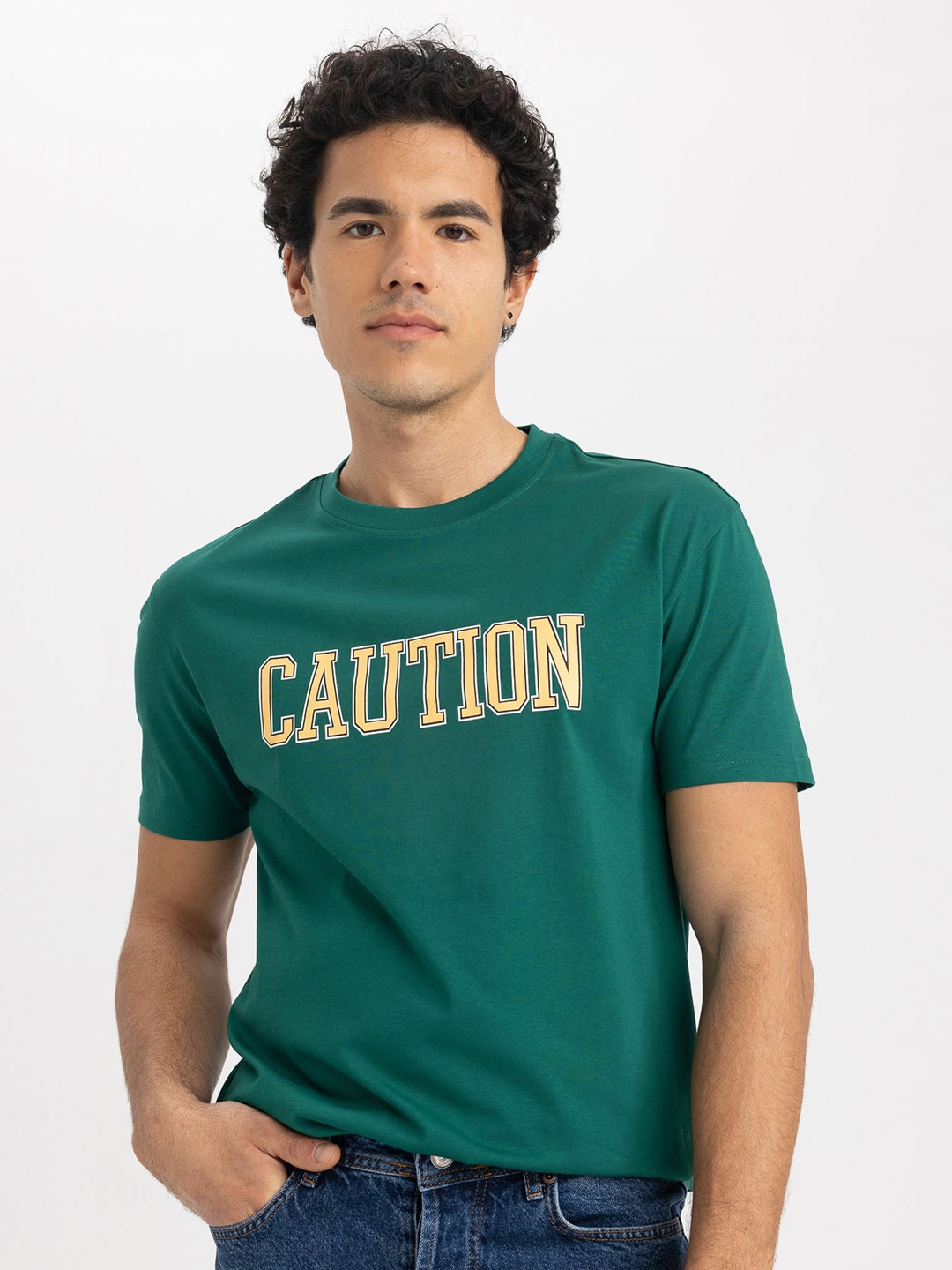 DeFacto Typography Printed Pure Cotton T-shirt, Green