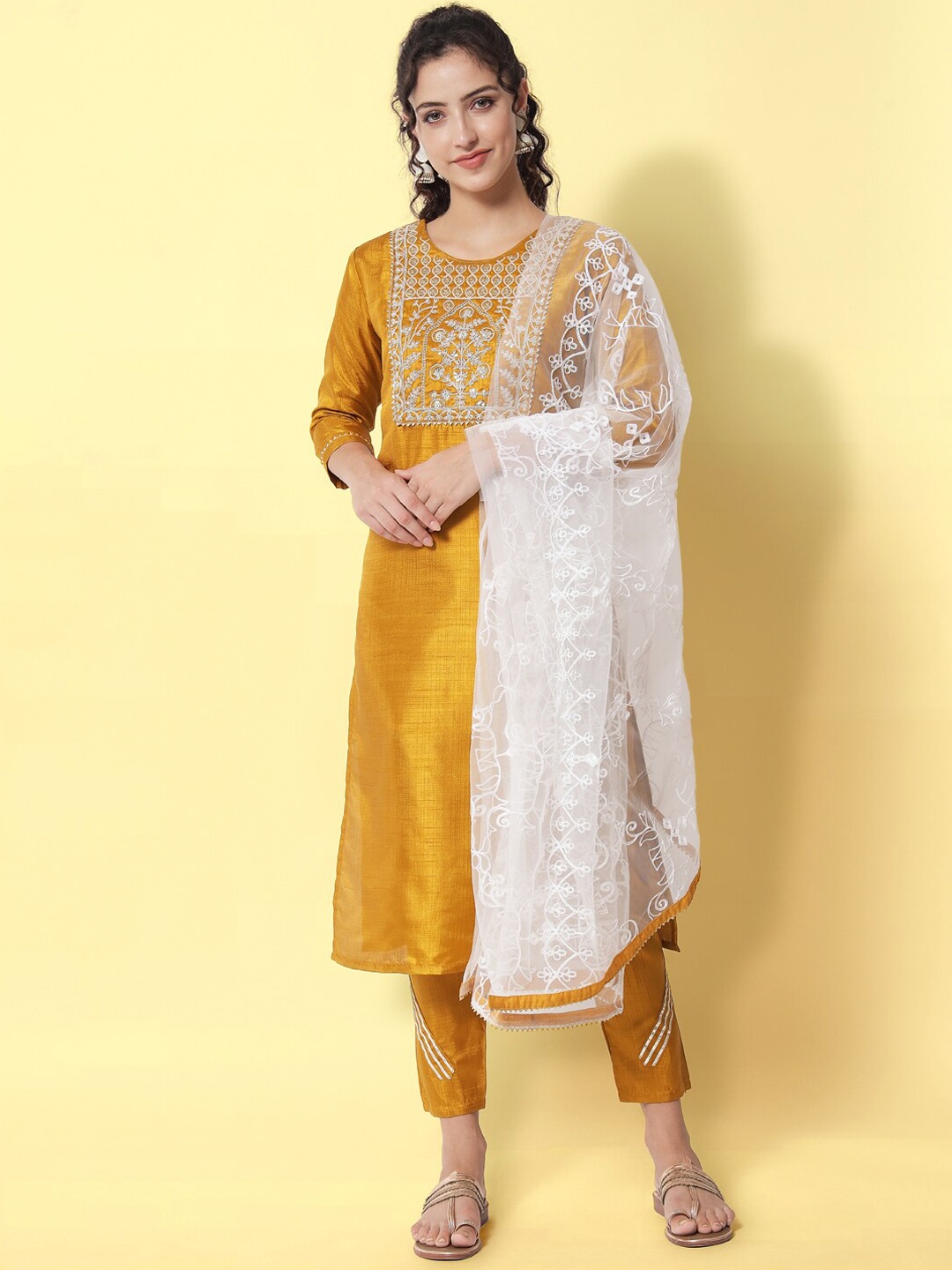 KALINI Ethnic Motifs Embroidered Regular Kurta with Trousers & With Dupatta, Mustard
KALINI Ethnic Motifs Embroidered Regular Kurta with Trousers & With Dupatta, Mustard