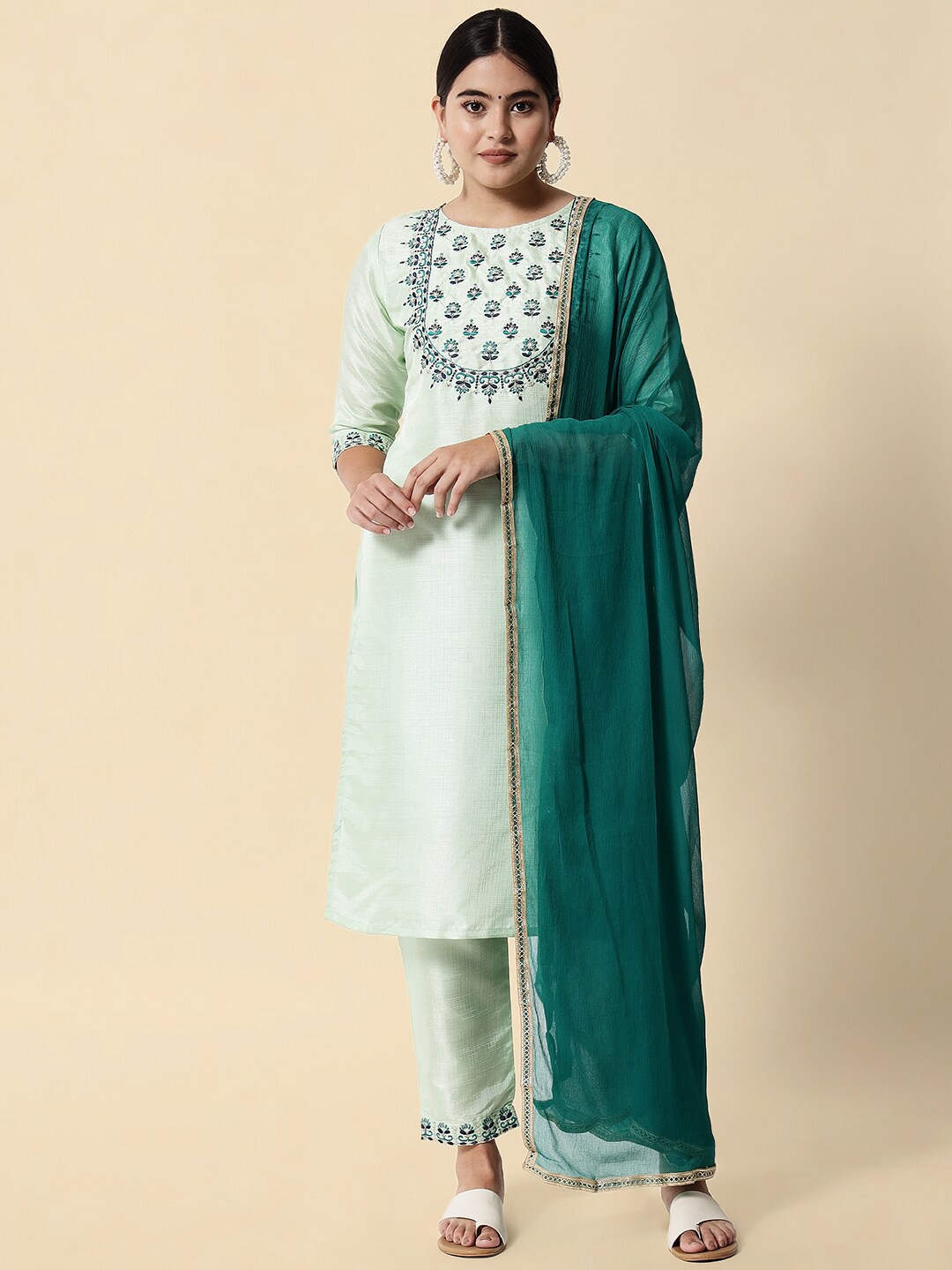 KALINI Ethnic Motifs Yoke Design Thread Work Kurta with Trousers & With Dupatta, Teal
KALINI Ethnic Motifs Yoke Design Thread Work Kurta with Trousers & With Dupatta, Teal
