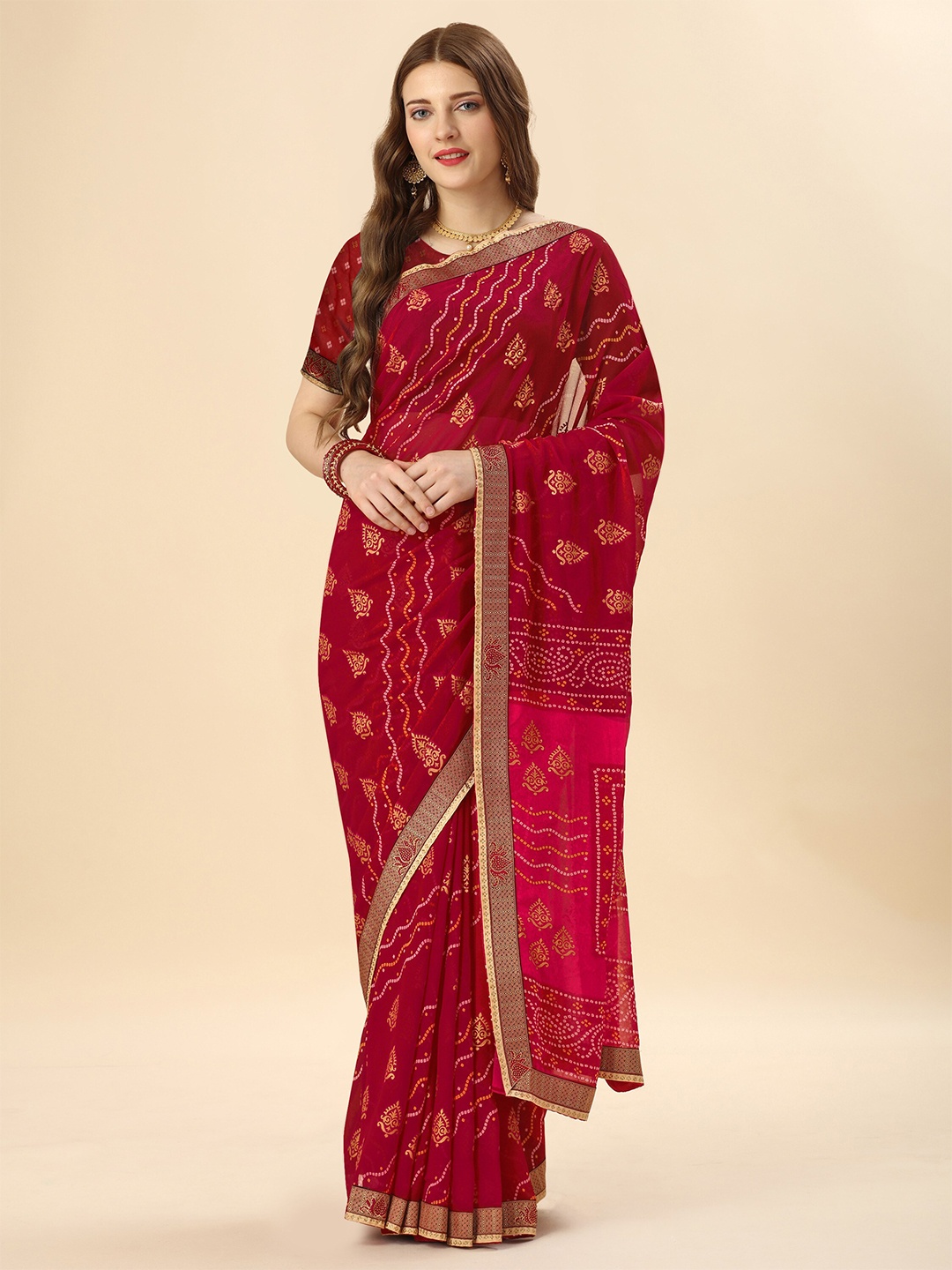 Mitera Red & Gold-Toned Ethnic Motifs Printed Beads and Stones Pure Georgette Saree
Mitera Red & Gold-Toned Ethnic Motifs Printed Beads and Stones Pure Georgette Saree