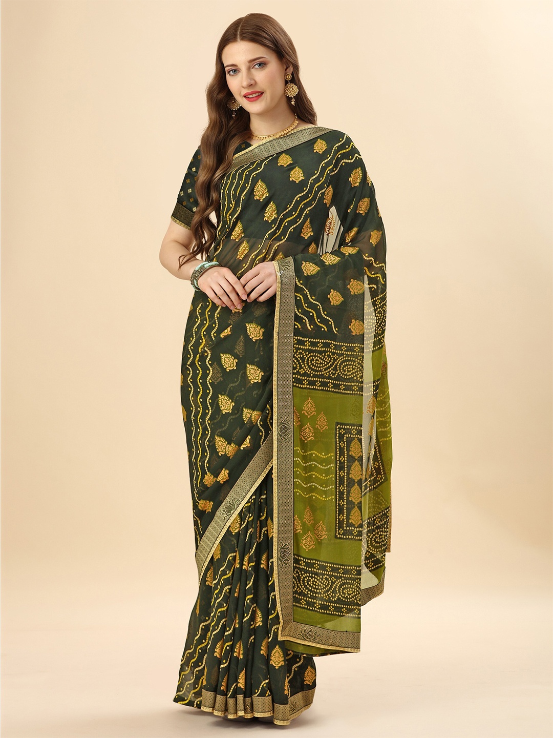 Mitera Green & Gold-Toned Ethnic Motifs Printed Beads and Stones Pure Georgette Saree
Mitera Green & Gold-Toned Ethnic Motifs Printed Beads and Stones Pure Georgette Saree