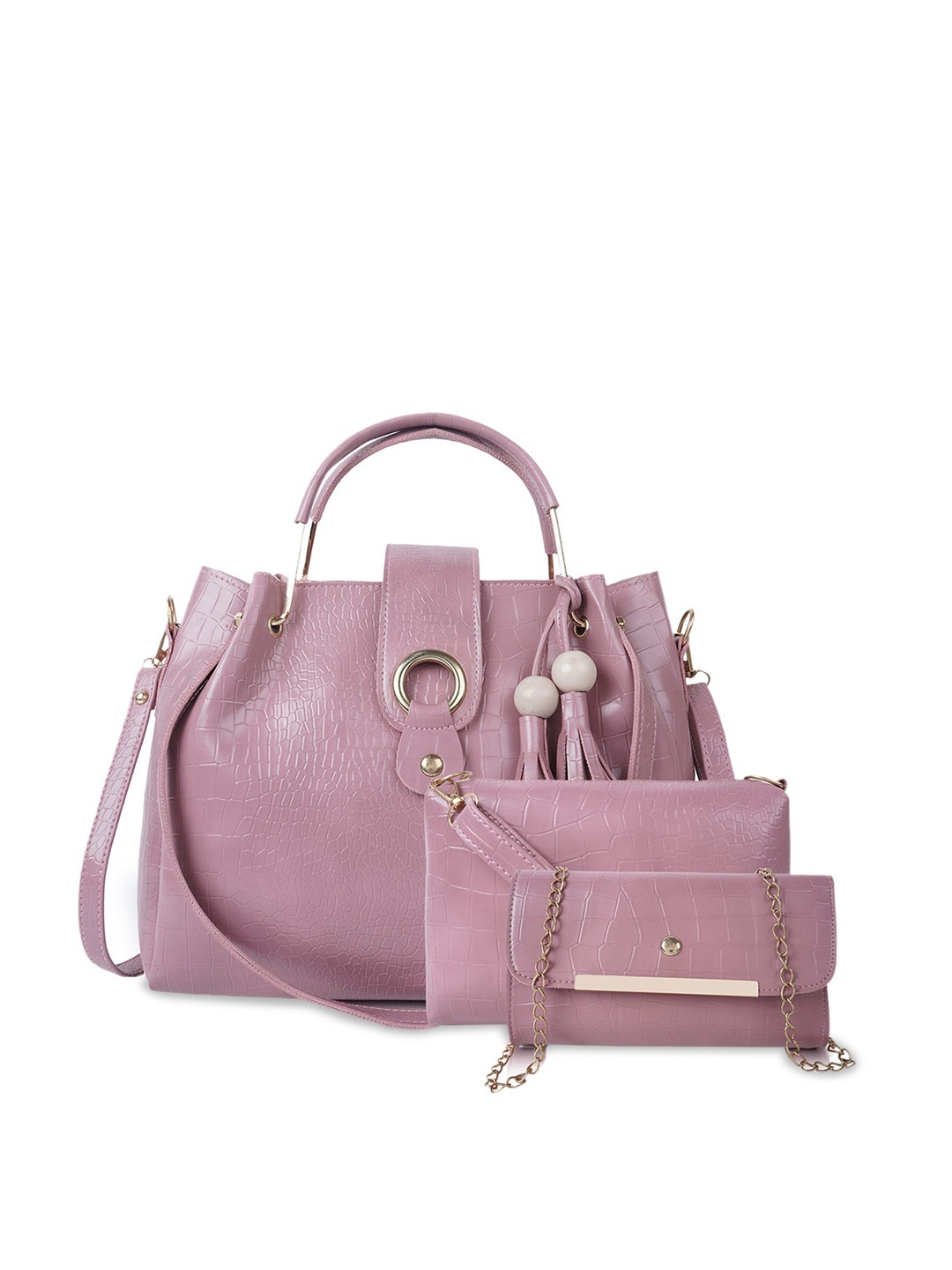 DressBerry Pack Of 3 Pink & Gold-Toned Textured Structured Handheld Bag With Tasselled
DressBerry Pack Of 3 Pink & Gold-Toned Textured Structured Handheld Bag With Tasselled