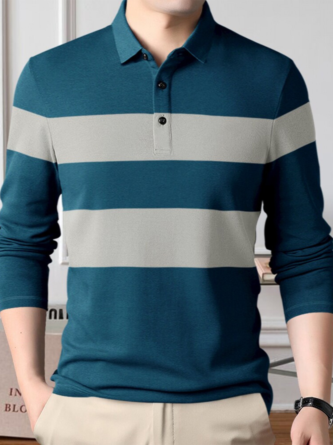 Eyebogler Striped Polo Collar Cotton T-shirt, Teal