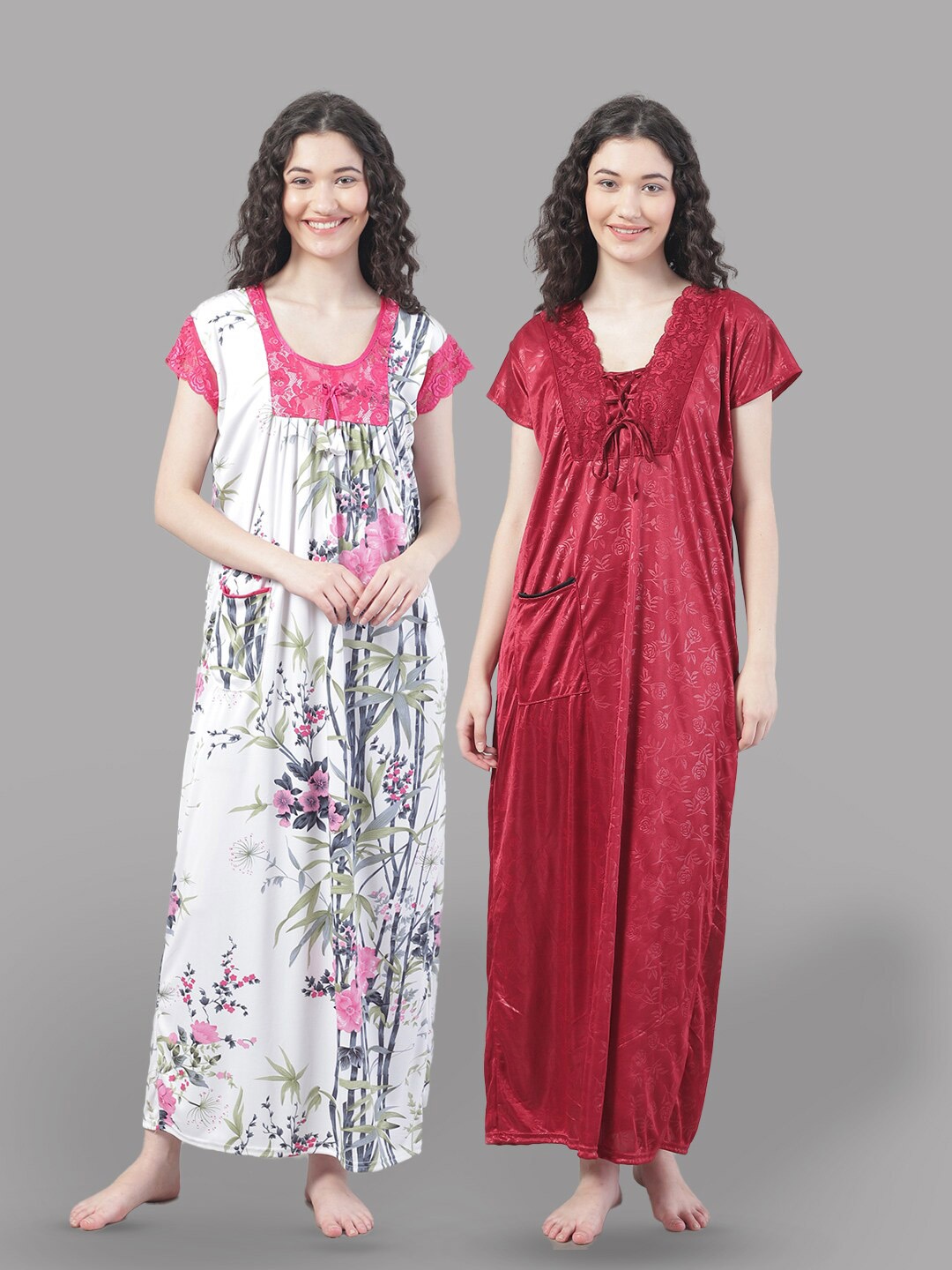 Shararat Pack Of 2 Floral Printed Pure Cotton Maxi Nightdress, Red
