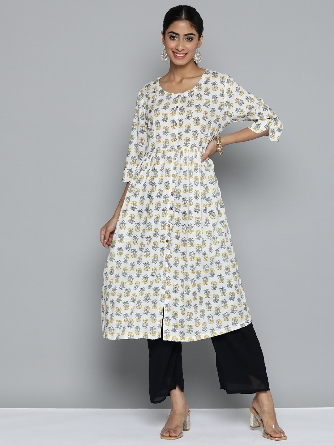 HERE&NOW Floral Printed Kurta, White