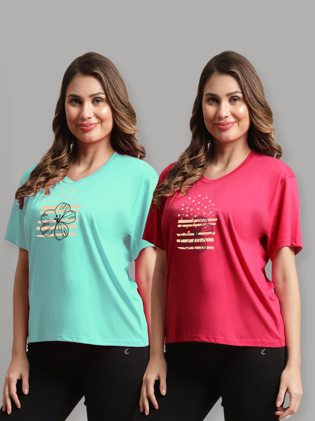 

Kanvin Green & Red Pack Of 2 Printed Lounge T-shirts