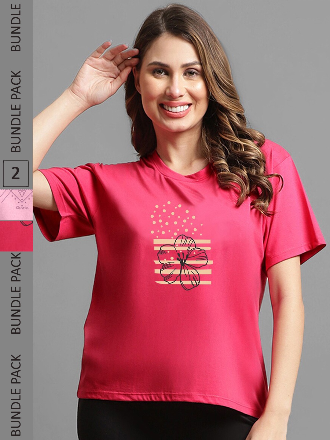 Kanvin Pack of 2 Red & Pink Printed Oversized Fit T-shirts