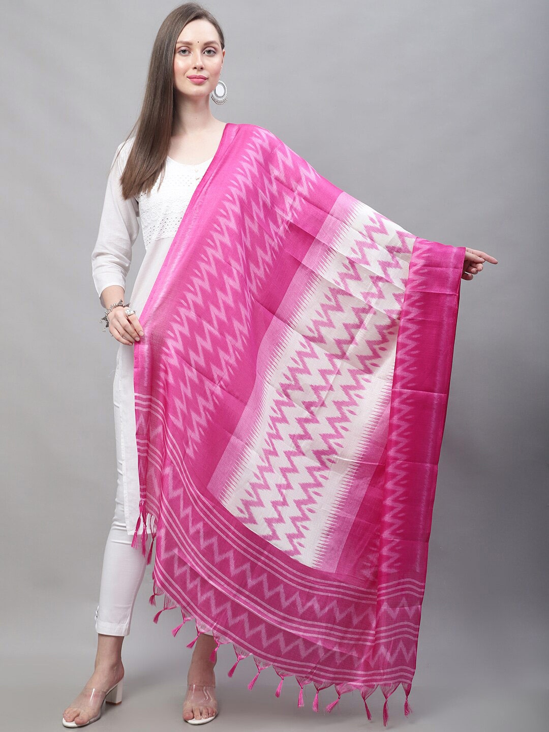 LOOM LEGACY Geometric Woven Design Dupatta, Pink