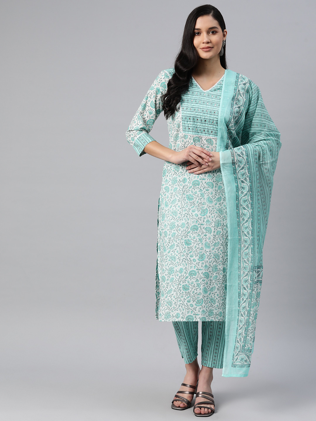 Readiprint Fashions Women Floral Printed Mirror Work Cotton Kurta with Palazzos & Dupatta, Sea green
Readiprint Fashions Women Floral Printed Mirror Work Cotton Kurta with Palazzos & Dupatta, Sea green