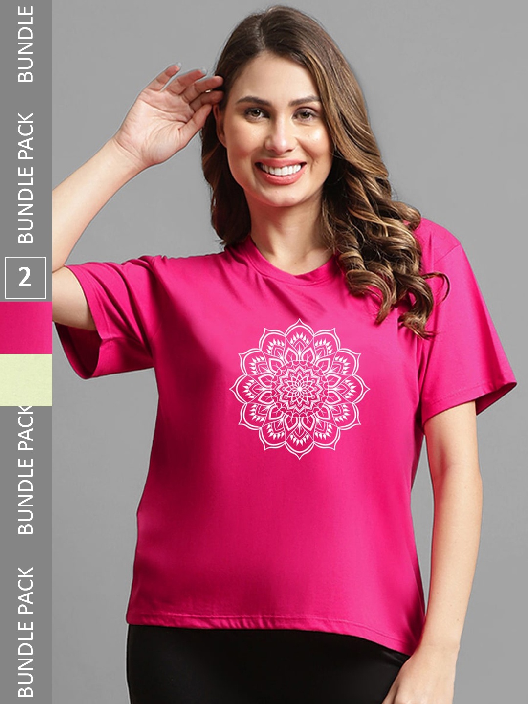 Kanvin Pack of 2 Magenta & Lime Green Printed Oversized Fit T-shirts