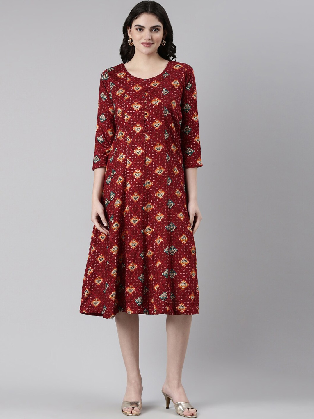 GOLDSTROMS Printed Midi Ethnic Dress, Maroon