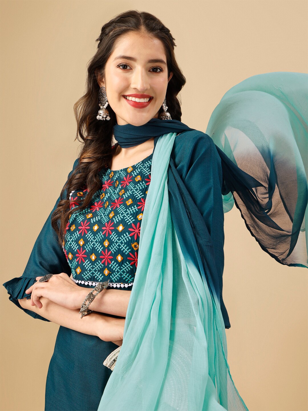 KALINI Ethnic Motifs Yoke Design Thread & Mirror Work Kurta with Trousers & Dupatta, Teal
KALINI Ethnic Motifs Yoke Design Thread & Mirror Work Kurta with Trousers & Dupatta, Teal