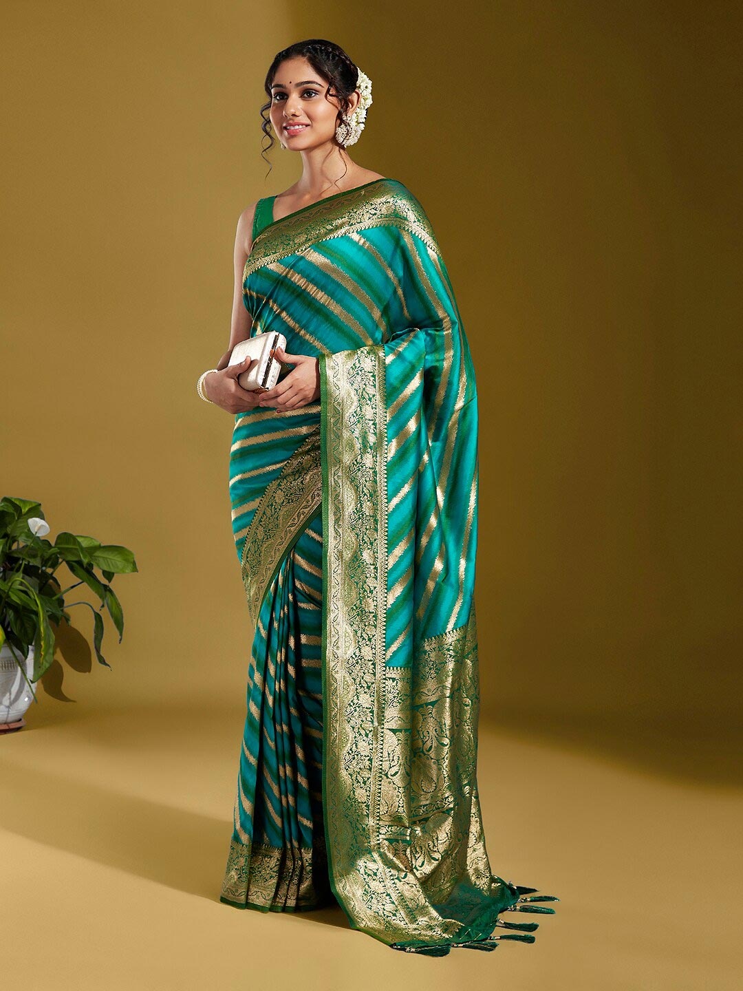 panchhi Striped Zari Satin Banarasi Saree, Green