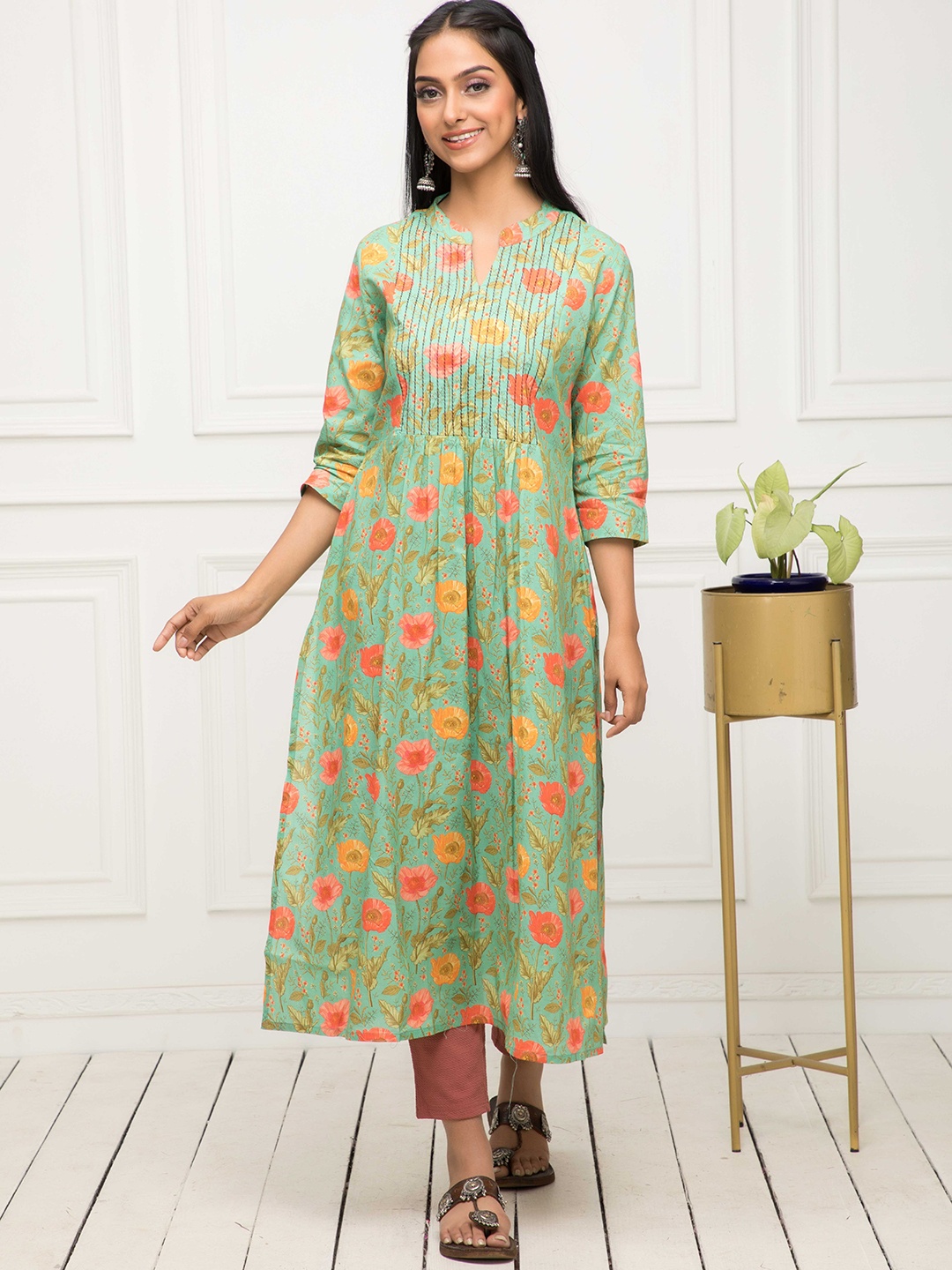 Myshka Floral Printed A-Line Kurta, Green