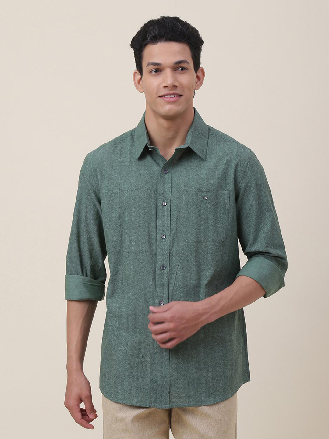 Fabindia Geometric Printed Cotton Casual Shirt, Green 
Fabindia Geometric Printed Cotton Casual Shirt, Green