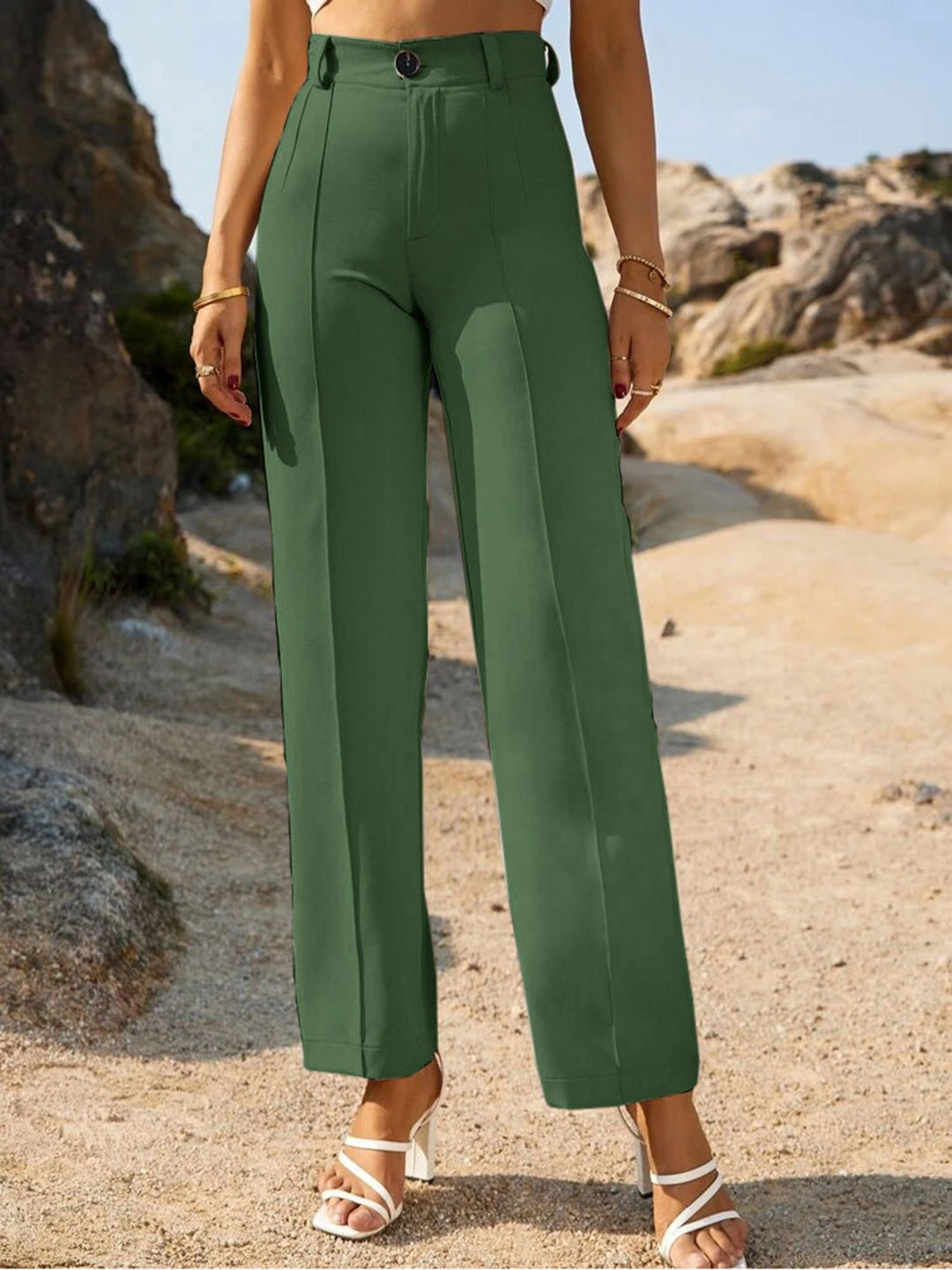 Wuxi Women Relaxed Straight Leg Straight Fit High-Rise Easy Wash Parallel Trousers, Green