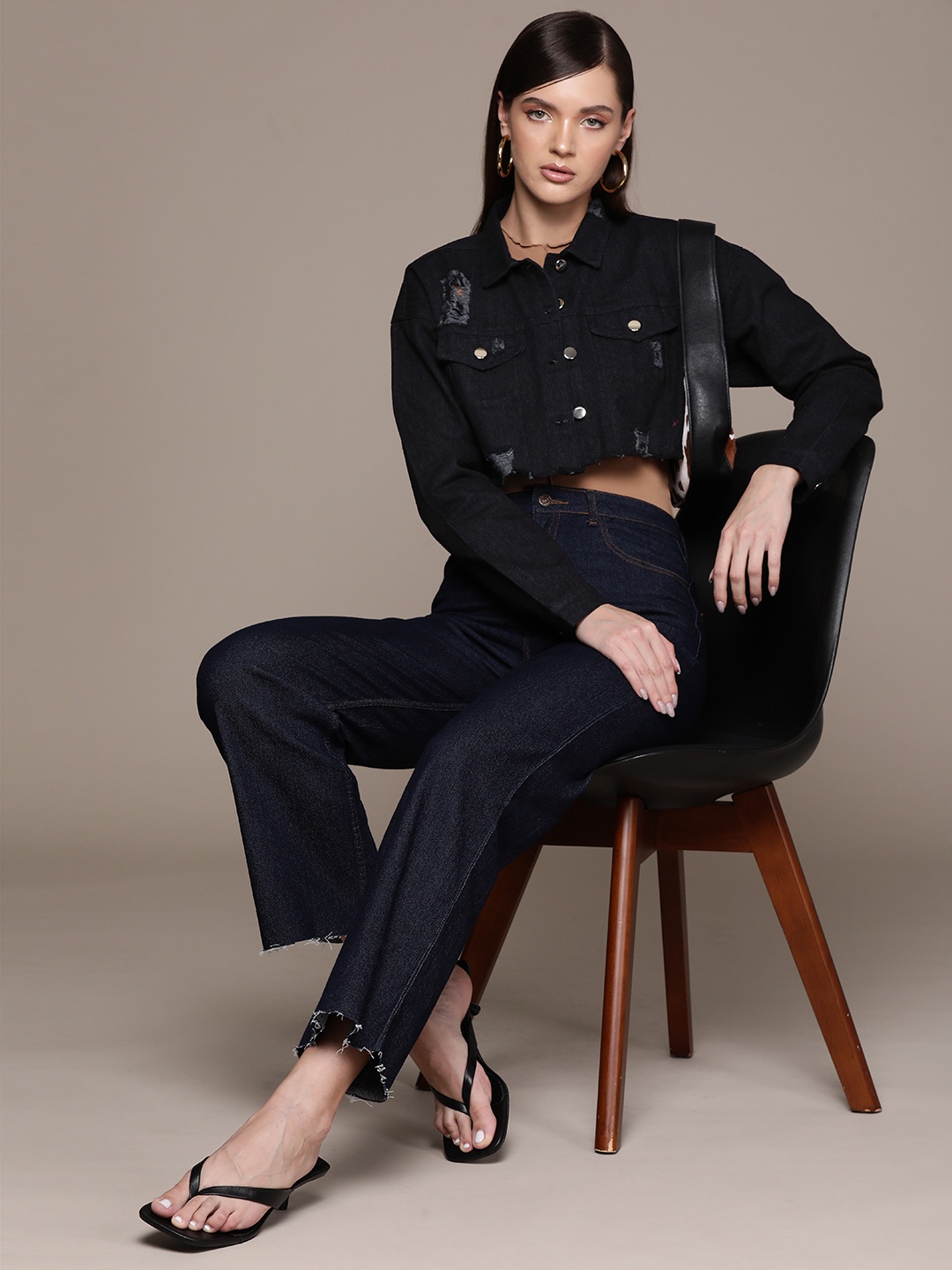 bebe Denim Daze Solid Drop-Shoulder Sleeves Ripped Detail Cropped Pure Cotton Denim Jacket, Black
bebe Denim Daze Solid Drop-Shoulder Sleeves Ripped Detail Cropped Pure Cotton Denim Jacket, Black