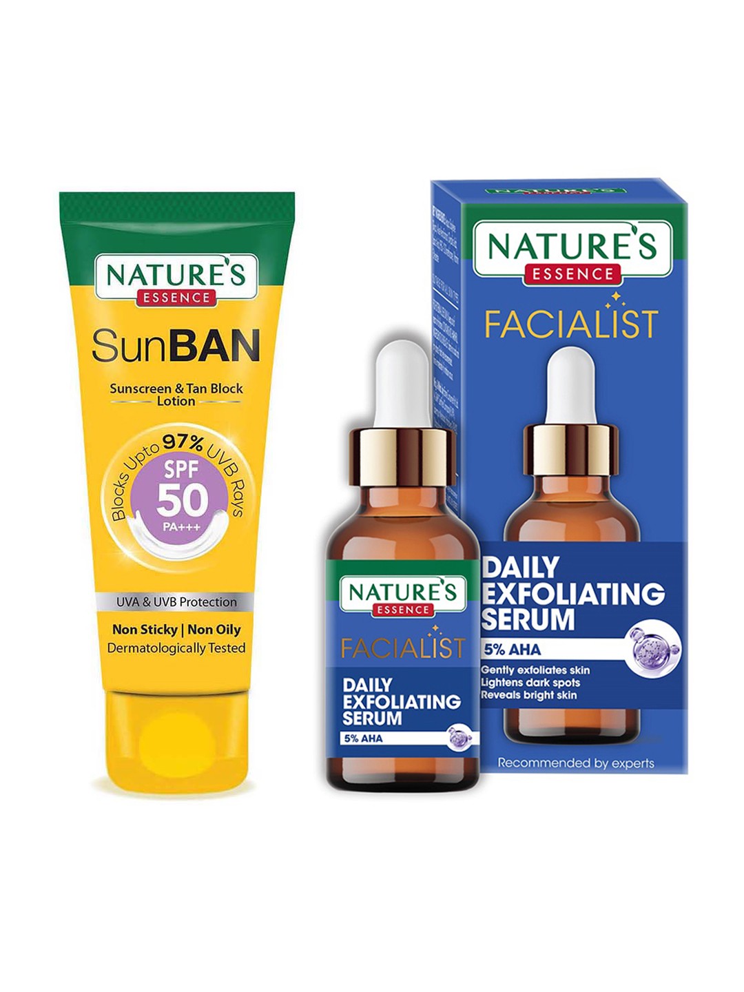 Natures Essence Facialist Daily Exfoliating Serum 30ml & SunBan SPF50 PA+++ Sunscreen 30ml, Blue
Natures Essence Facialist Daily Exfoliating Serum 30ml & SunBan SPF50 PA+++ Sunscreen 30ml, Blue
