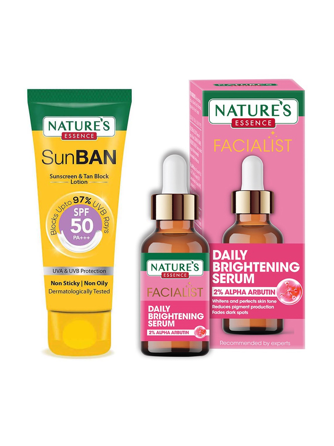 Natures Essence Facialist Daily Brightening Serum 30ml & SunBan SPF50 PA+++ Sunscreen 30ml, Pink
Natures Essence Facialist Daily Brightening Serum 30ml & SunBan SPF50 PA+++ Sunscreen 30ml, Pink