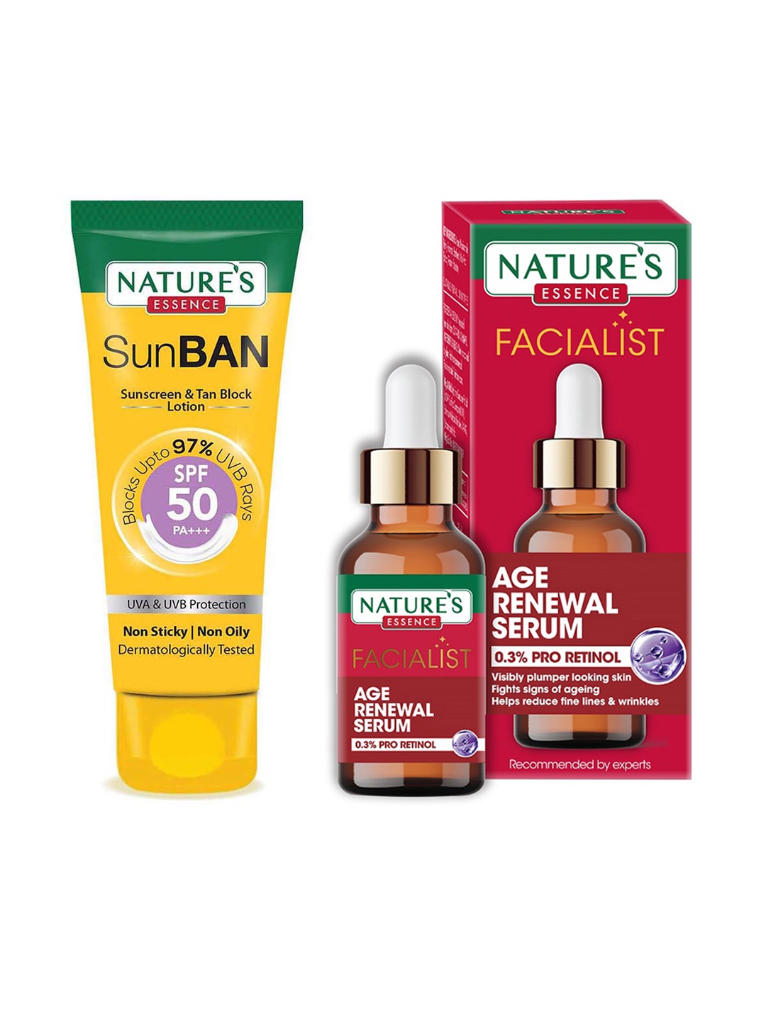 Natures Essence Set of Facialist Age Renewal Serum & SunBan SPF50 PA+++ Sunscreen, Red
Natures Essence Set of Facialist Age Renewal Serum & SunBan SPF50 PA+++ Sunscreen, Red