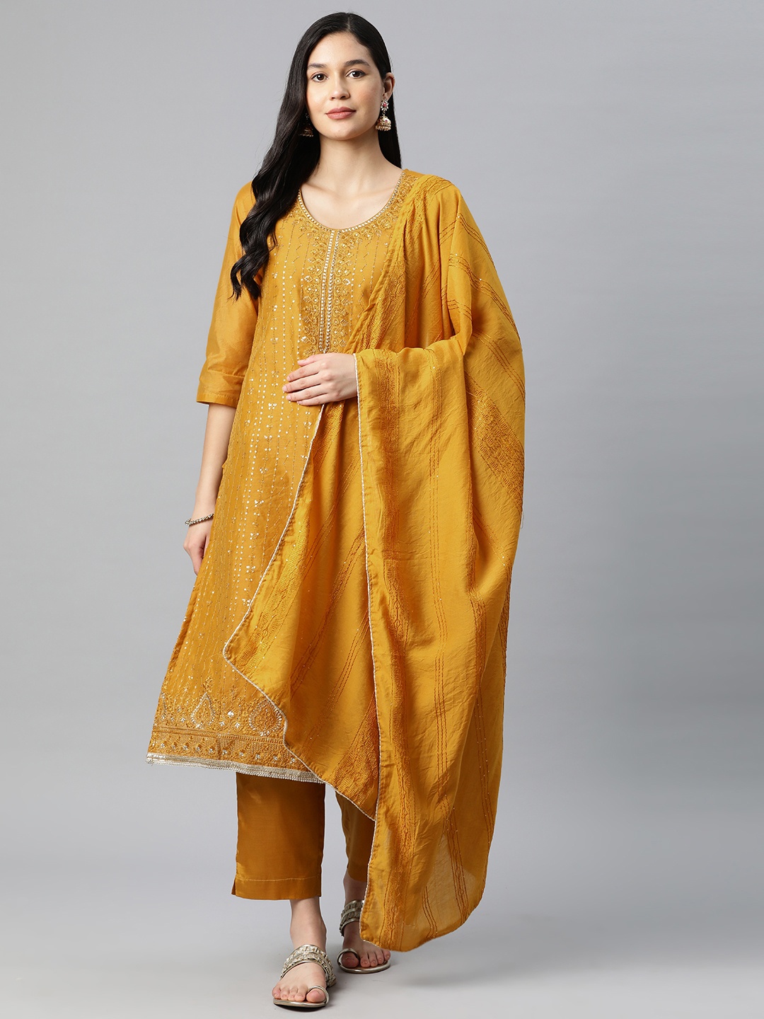 Sunehri Ethnic Motifs Embroidered Regular Sequinned Kurta With Palazzos & Dupatta, Mustard
Sunehri Ethnic Motifs Embroidered Regular Sequinned Kurta With Palazzos & Dupatta, Mustard