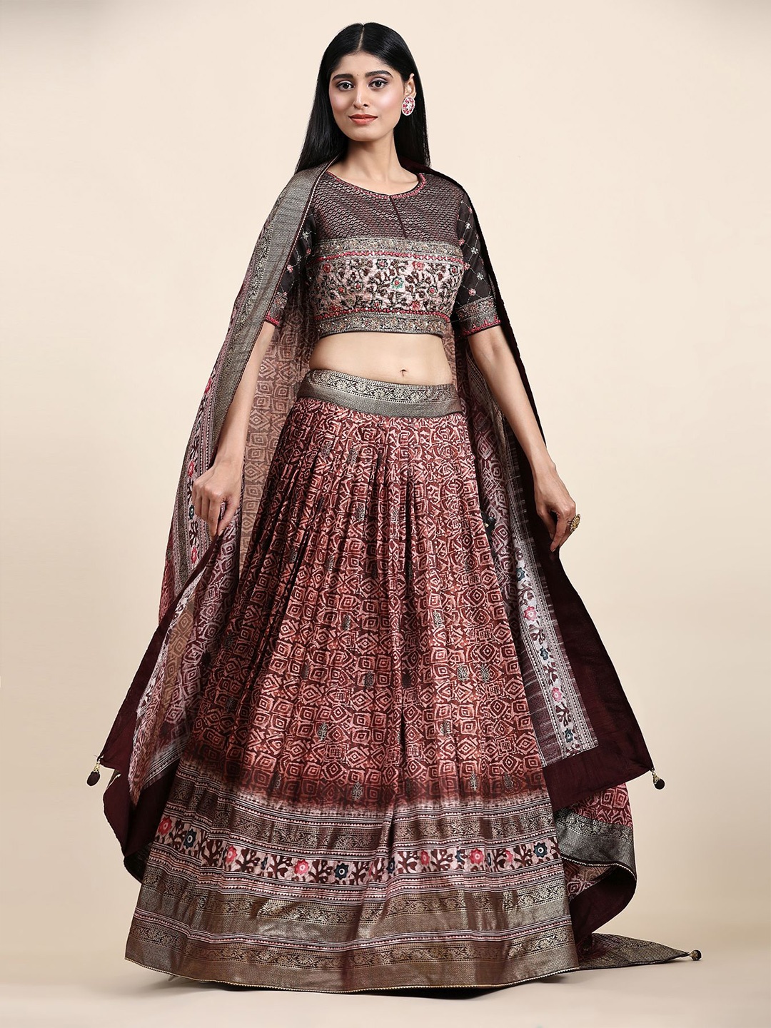 Phenav Printed Khari Print Ready to Wear Lehenga & Blouse With Dupatta, Brown
Phenav Printed Khari Print Ready to Wear Lehenga & Blouse With Dupatta, Brown