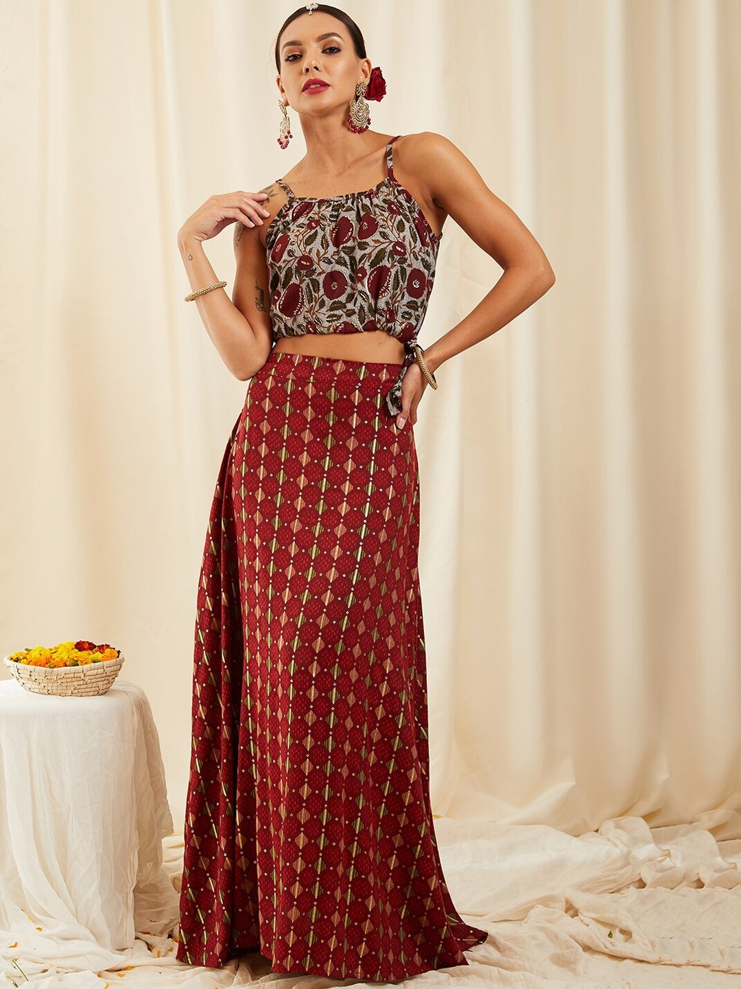 InWeave Women Floral Printed Shoulder Strapped Crop Top With Ethnic Printed Skirt, Grey
InWeave Women Floral Printed Shoulder Strapped Crop Top With Ethnic Printed Skirt, Grey