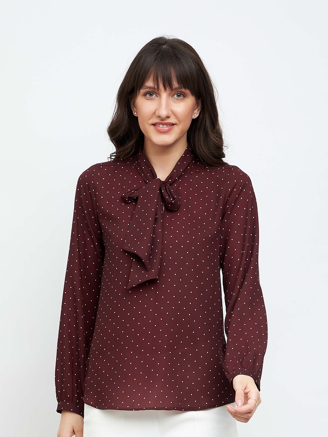 SALT ATTIRE Polka Dot Printed Tie Up Neck Cuffed Sleeves Satin Shirt Style Top, Brown
SALT ATTIRE Polka Dot Printed Tie Up Neck Cuffed Sleeves Satin Shirt Style Top, Brown