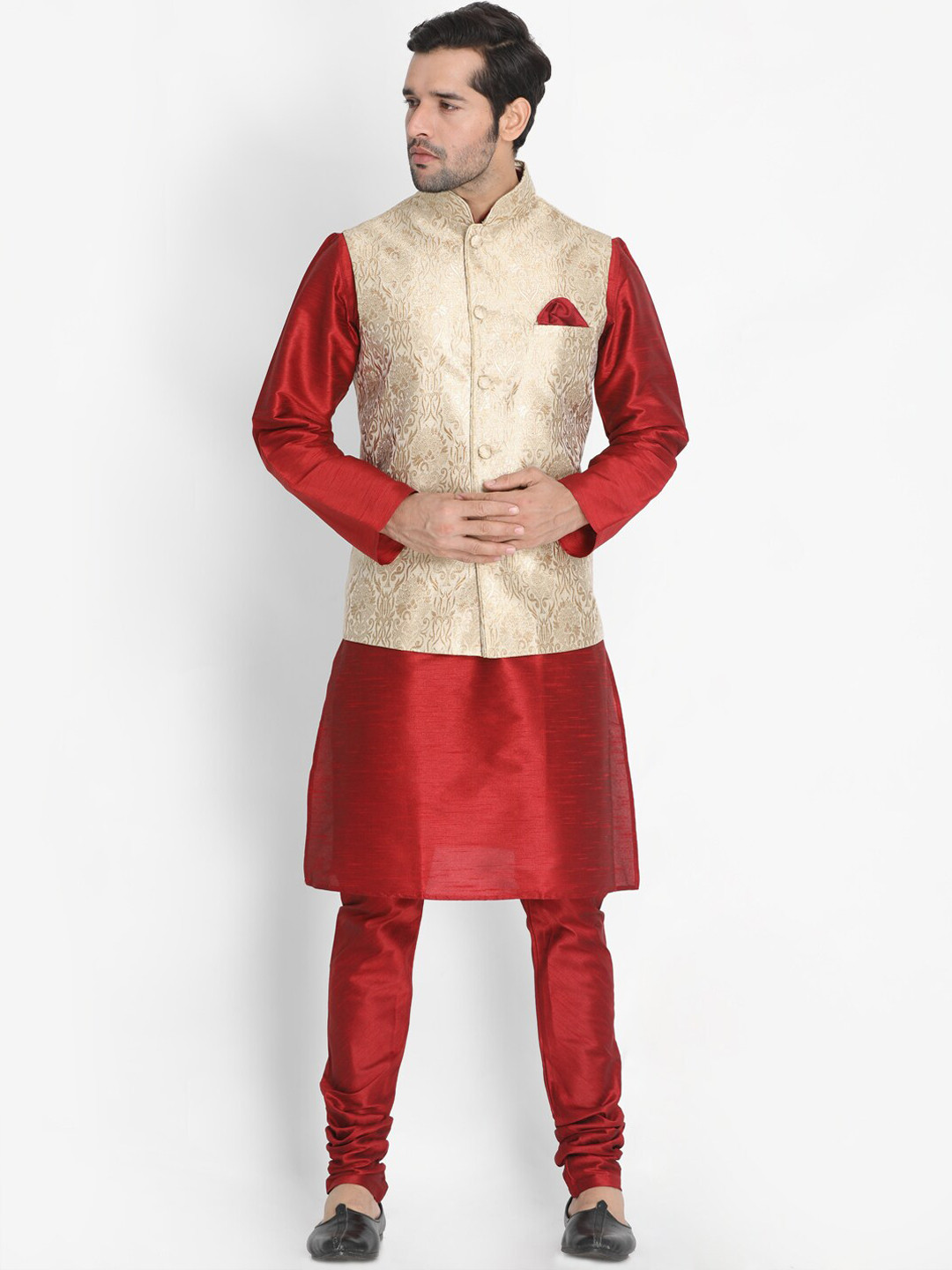 VASTRAMAY Woven Design Mandarin Collar Regular Kurta With Churidar & Nehru Jacket, Maroon
VASTRAMAY Woven Design Mandarin Collar Regular Kurta With Churidar & Nehru Jacket, Maroon