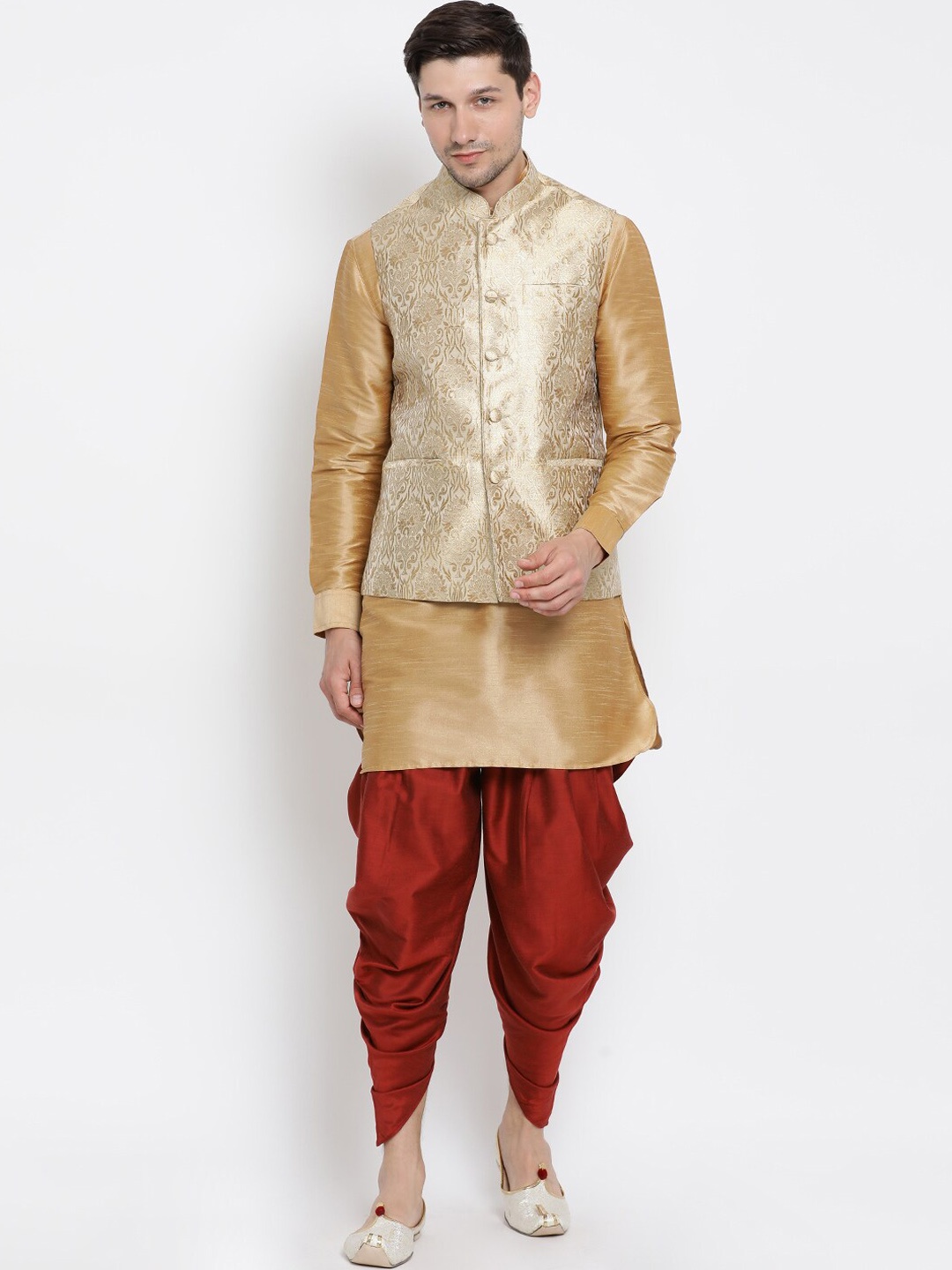VASTRAMAY Woven Design Mandarin Collar Regular Kurta With Dhoti Pants & Nehru Jacket, Gold
VASTRAMAY Woven Design Mandarin Collar Regular Kurta With Dhoti Pants & Nehru Jacket, Gold