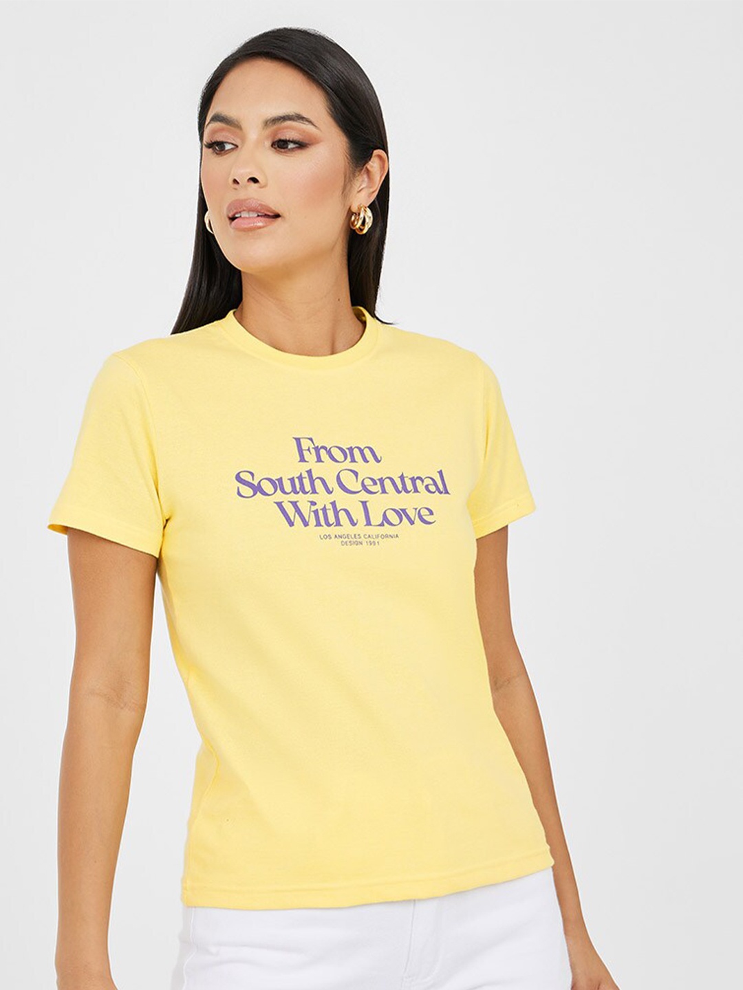 Styli Typography Printed Short Sleeves Cotton T-shirt, Yellow