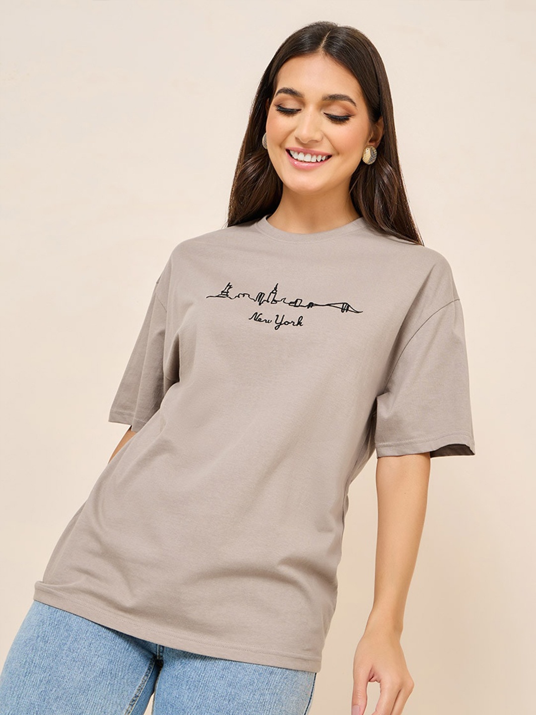Styli Typography Printed Drop Shoulder Sleeves Relaxed Fit Cotton T-shirt, Beige
