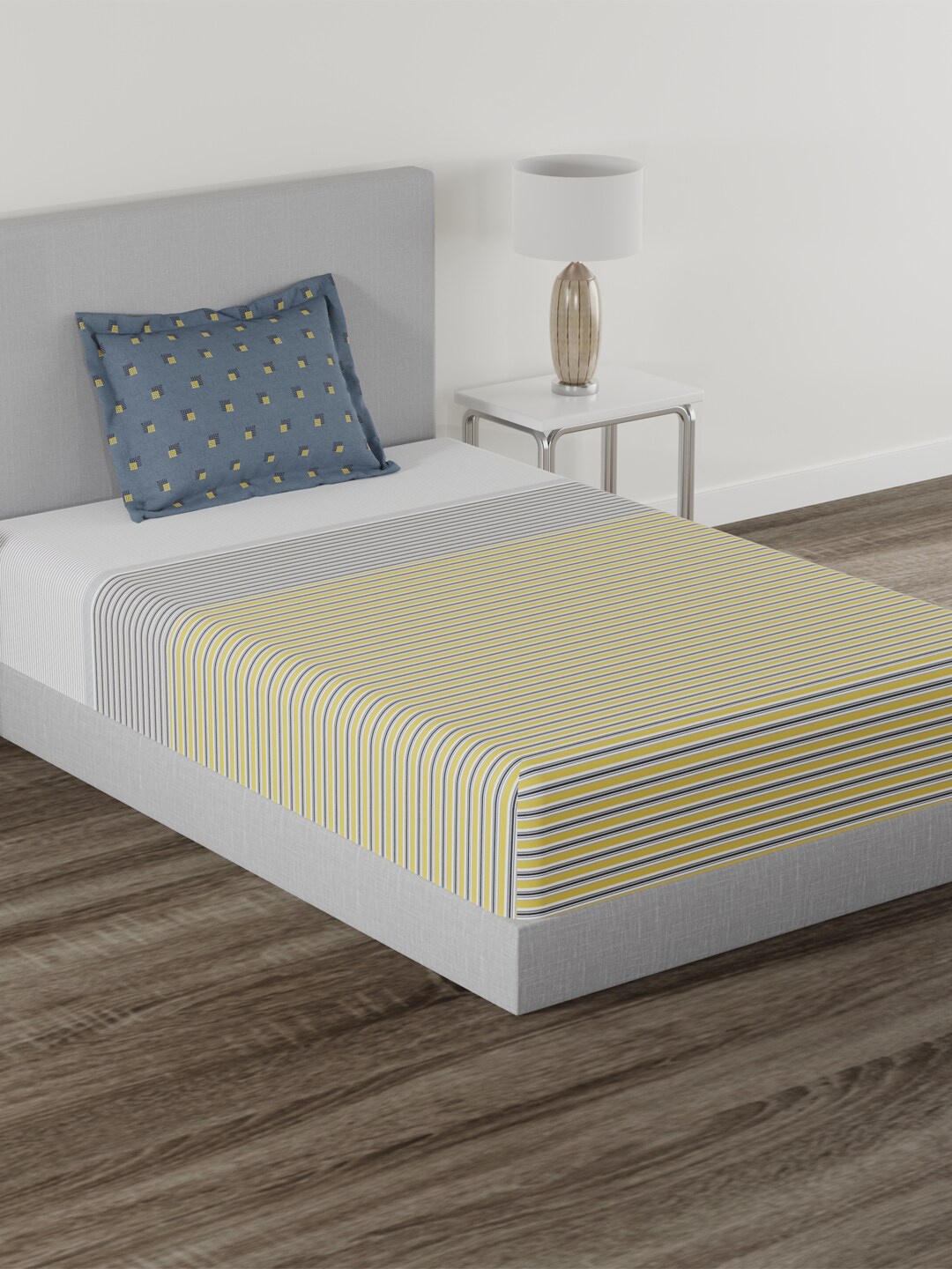 MYTRIDENT Home Essential Yellow Striped Cotton 144 TC Single Bedsheet With 1 Pillow Cover
MYTRIDENT Home Essential Yellow Striped Cotton 144 TC Single Bedsheet With 1 Pillow Cover