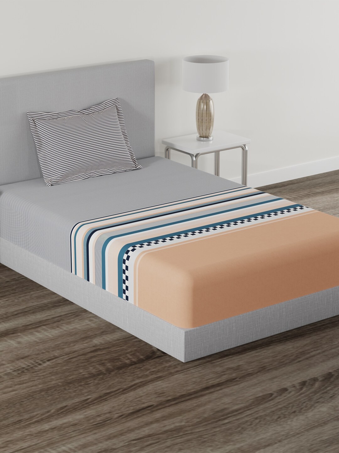 MYTRIDENT Home Essential Orange Striped Cotton 144 TC Single Bedsheet With 1 Pillow Cover
