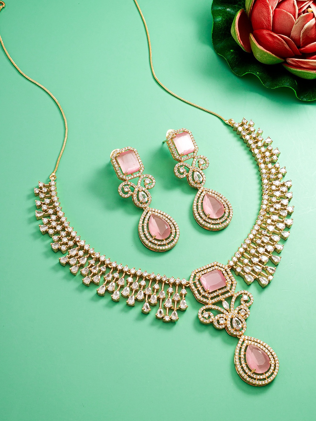 aadita Rose Gold-Plated Stone-Studded Jewellery Set