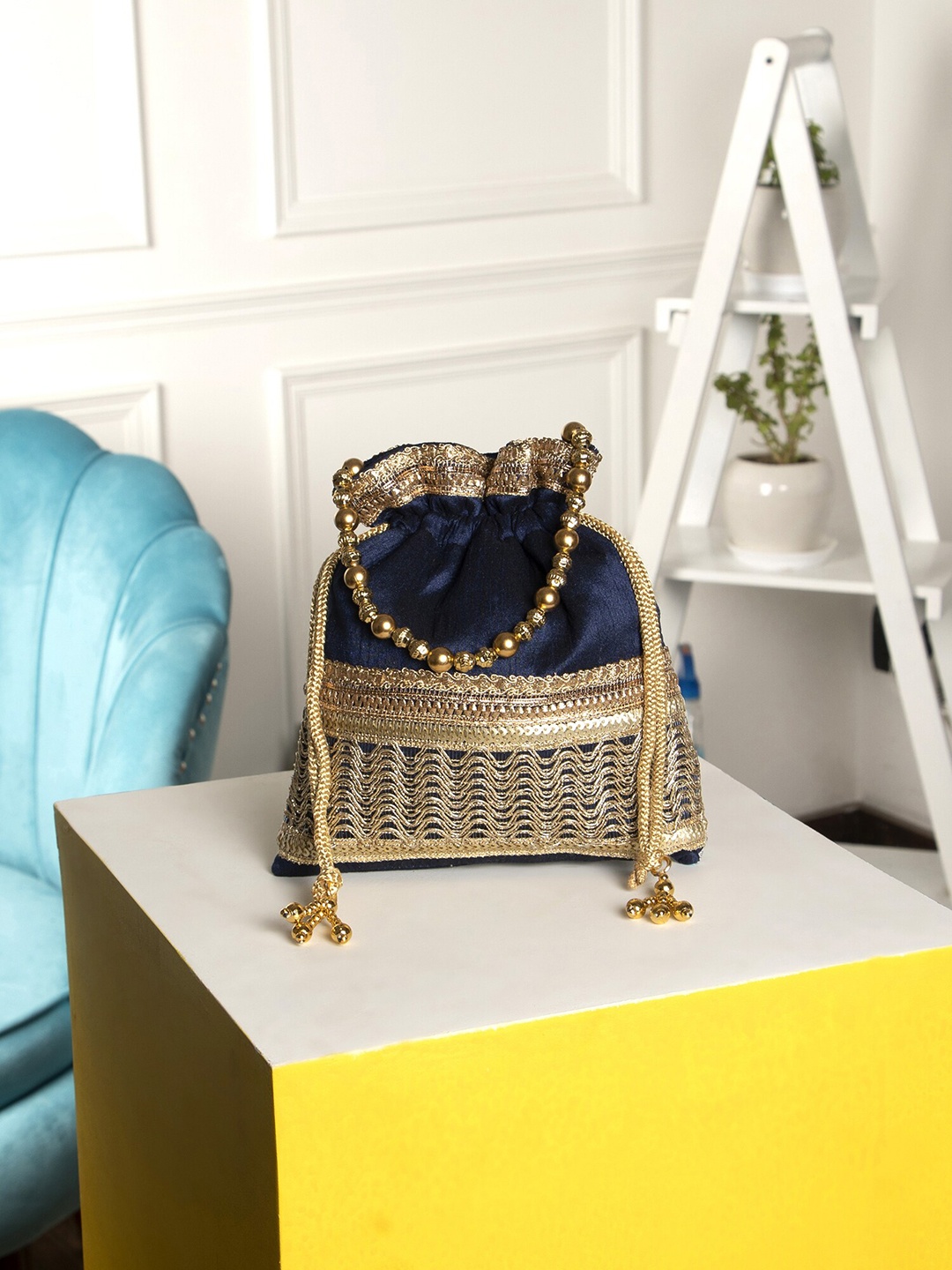 Aditi Wasan Embroidered Potli Clutch, Blue