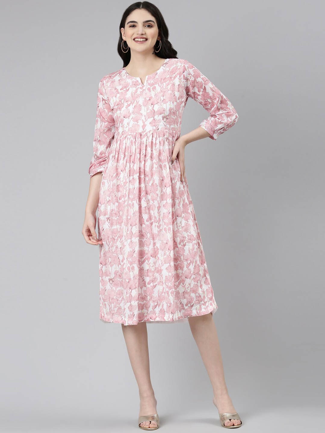 GOLDSTROMS Floral Printed Cotton Ethnic Dress, Pink