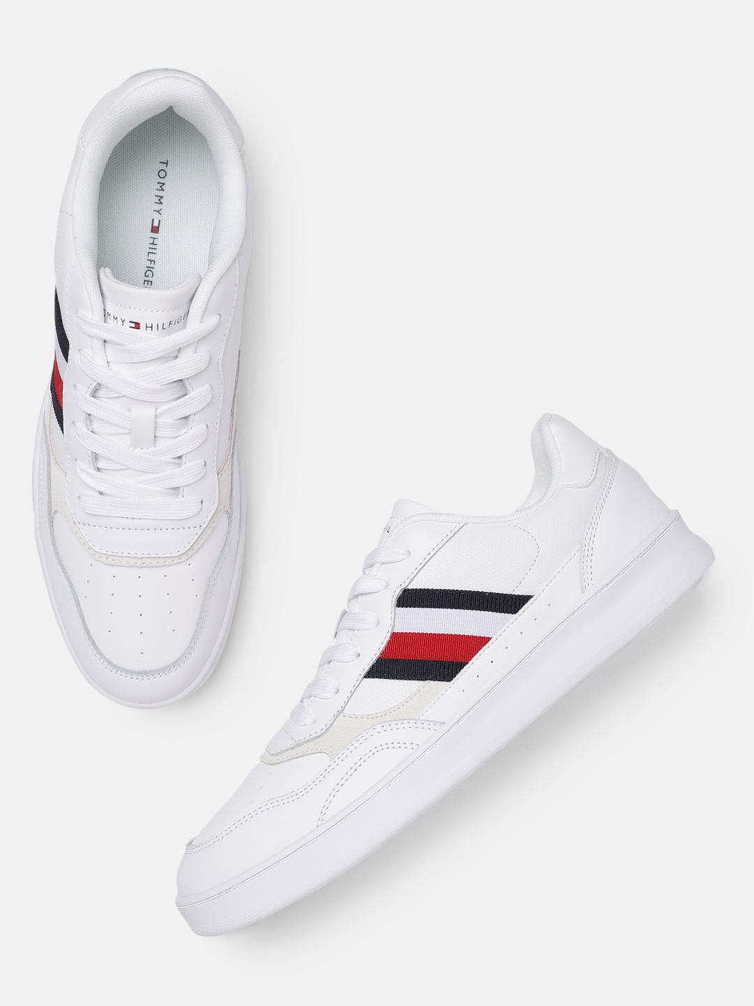 Tommy Hilfiger Men Perforations Leather Sneakers With Striped Applique Detail, White
Tommy Hilfiger Men Perforations Leather Sneakers With Striped Applique Detail, White